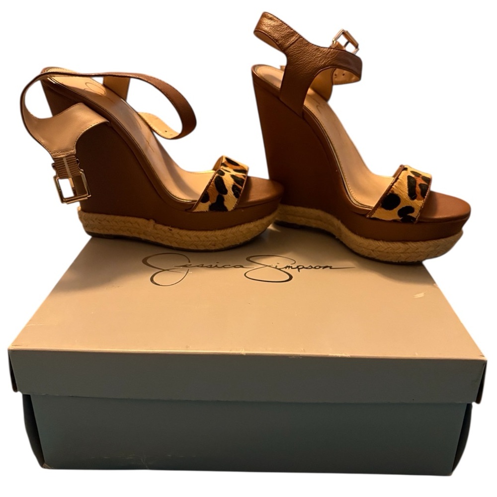 Jessica Simpson Tan and Leopard Wedge Sandals